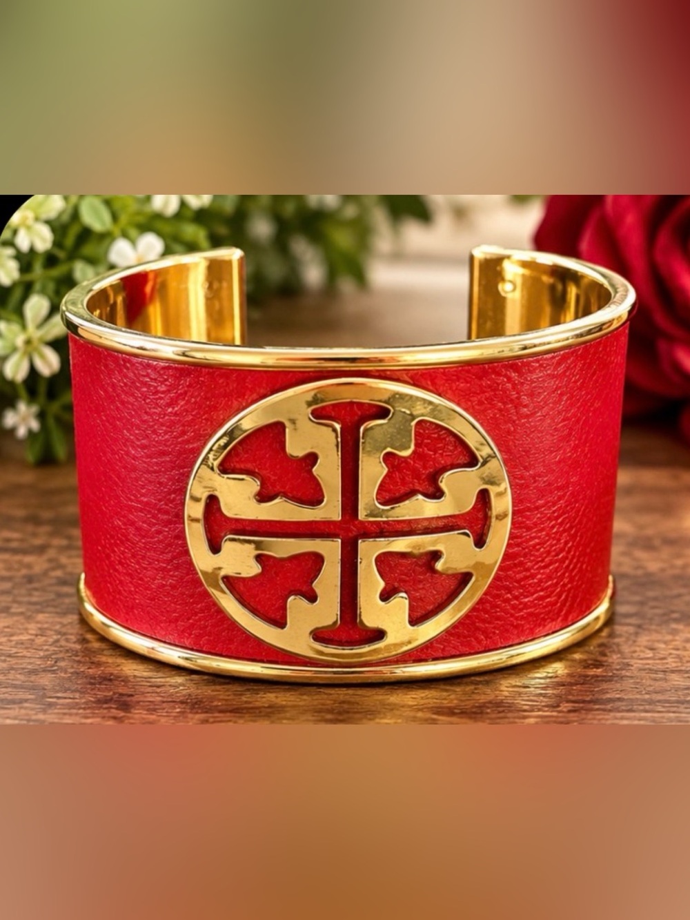 Tory Burch Red Leather Cuff with Gold Logo